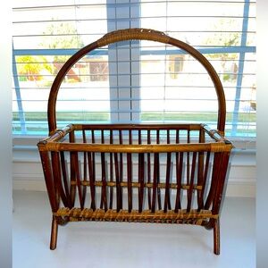 Vintage Bamboo‎ Rattan Woven Wicker Double Basket Magazine Holder with Handle